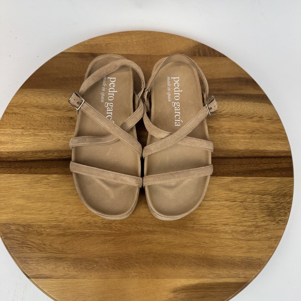 New Womens Pedro Garcia Beige Leather Platform Slingback Flat Sandals Size EU 37